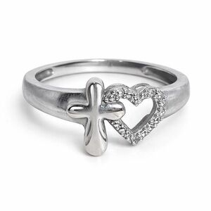 10K White Gold Cross and Heart Diamond Women's Ring Size 7